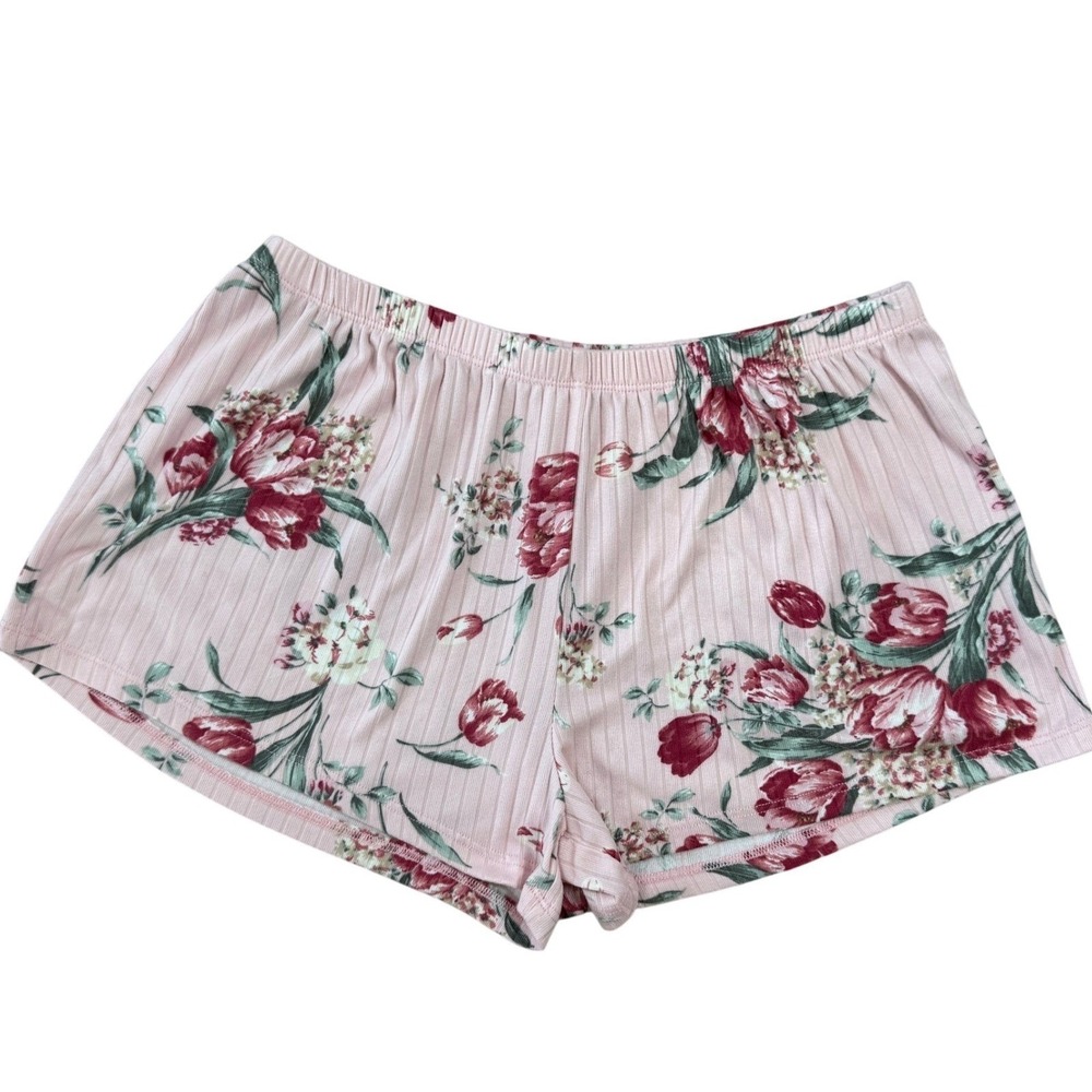 Pink Floral Ribbed Knit Sleep Shorts Red Tulip Print Lounge Pajama Bottoms Small